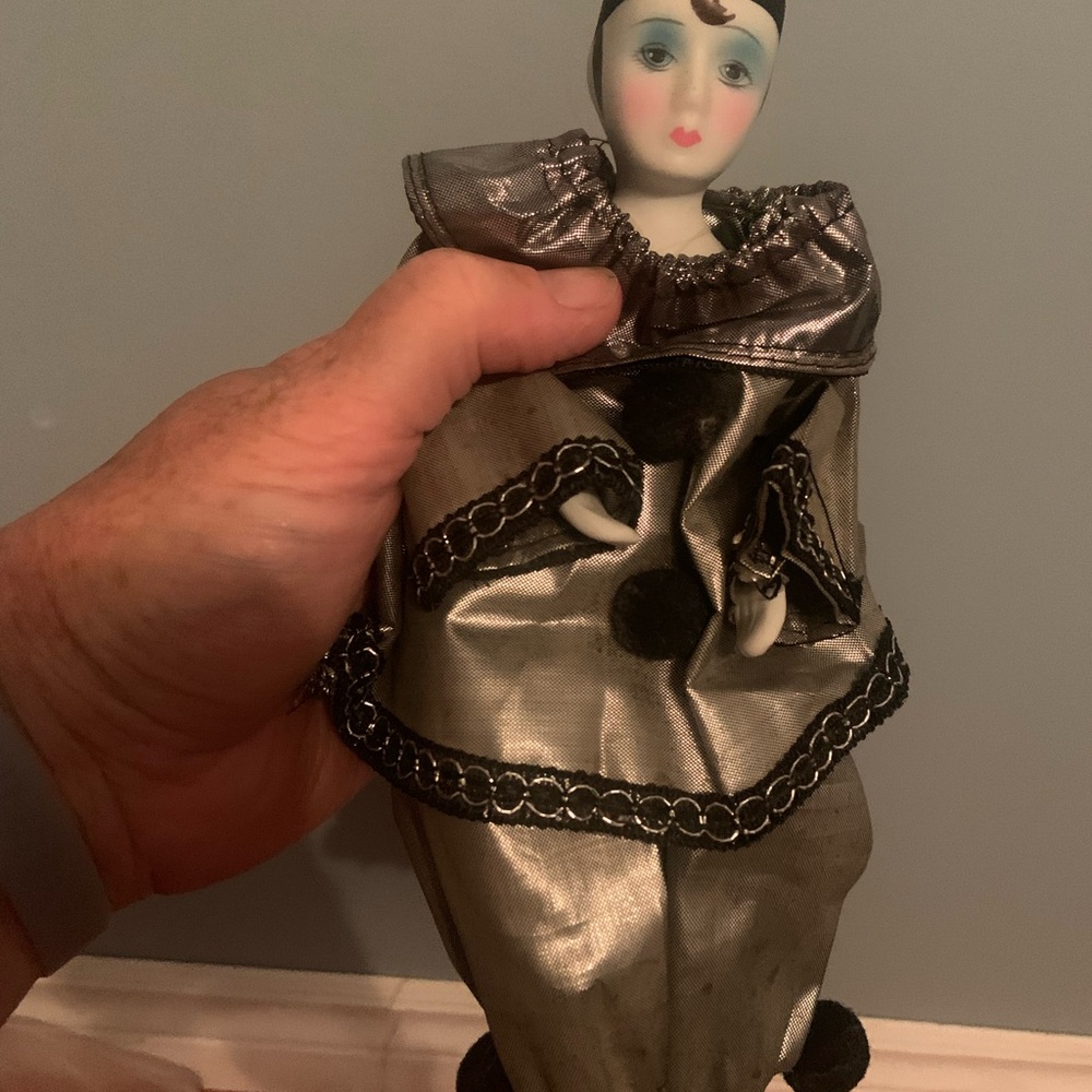 Porcelain Clown Doll Decorative Accent in Silver and Black
